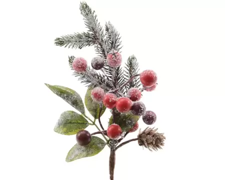 Christmas Pick Snowy with Red Berries & Pinecones